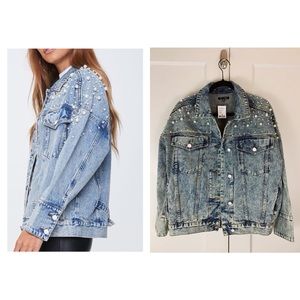 Paper Moon Oversized Faux Pearl & Rhinestone Denim Jean Jacket Sz Medium